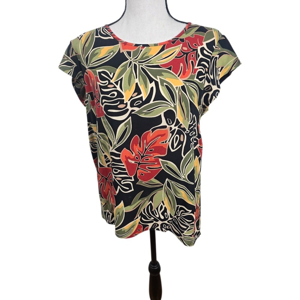 Panama Jack Blouse Women Small Black Tropical Leaf‎ Rayon Cap Sleeve Keyhole Top
